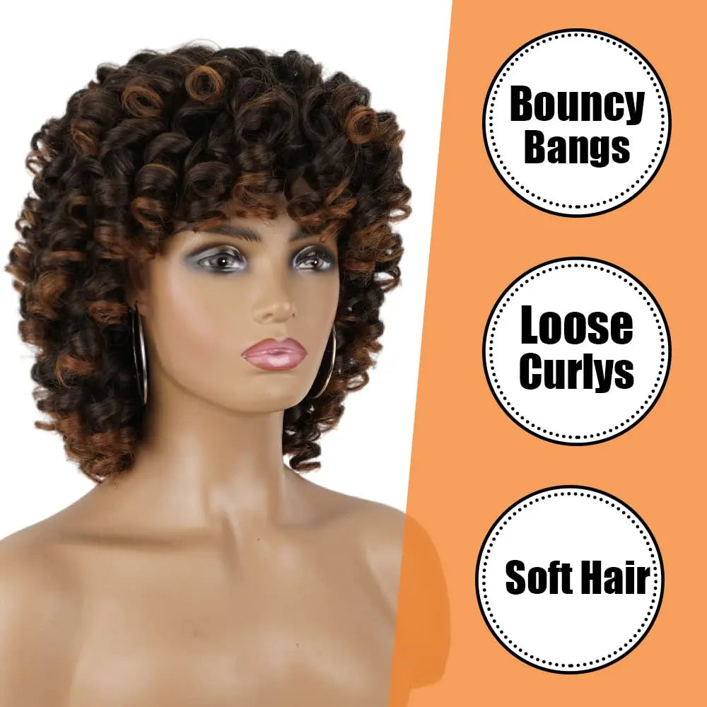 Ombre Brown Curly Wigs for Black Women Short Curly Wig with Bangs Soft Loose Curly Wigs for Women Synthetic Fiber Glueless Hair