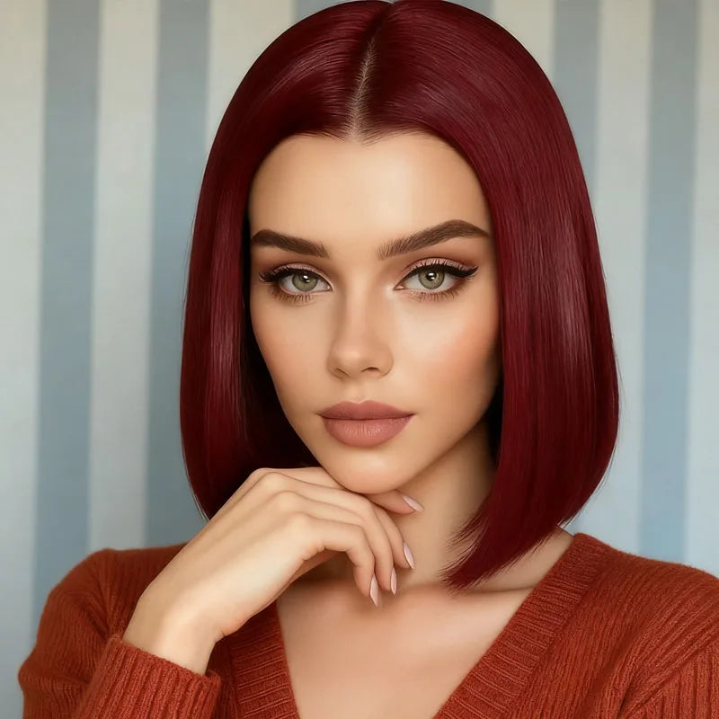 Women's burgundy 12 inch straight hair wig, synthetic high-temperature fiber, fashionable, suitable for daily and party use