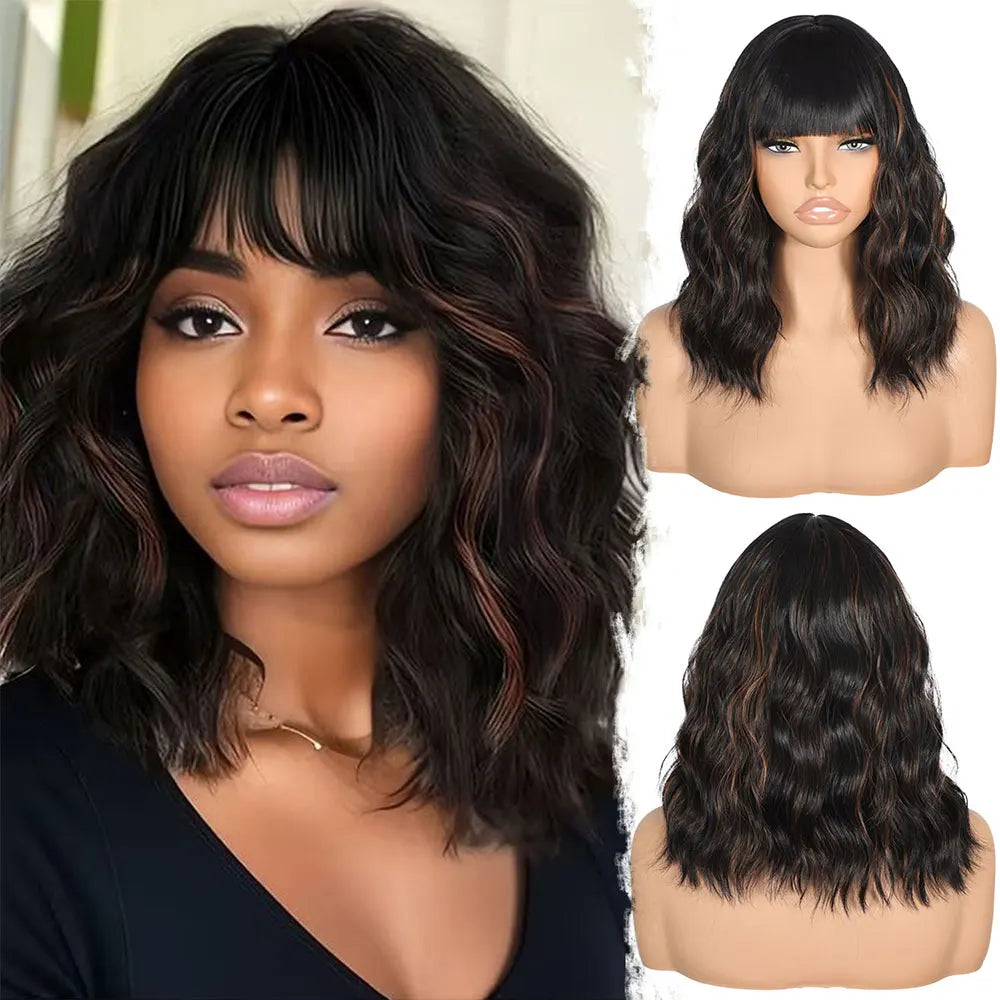 Short Bob Wavy Wigs for Women 14' brownblack Brownis with Bangs Synthetic Natural Color Hair for Halloween& Cosplay and Daily