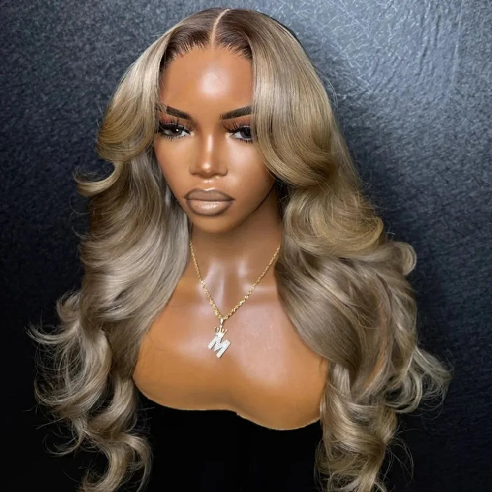 Ombre Ash Blonde With Dark Roots Natural Wave Hair Synthetic Lace Front Wig 13x4 HD for Women Easy to Wear Daily Cosplay Wig