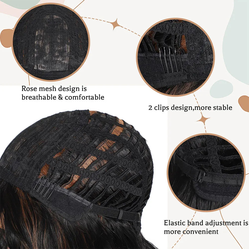 Short Bob Wavy Wigs for Women 14' brownblack Brownis with Bangs Synthetic Natural Color Hair for Halloween& Cosplay and Daily