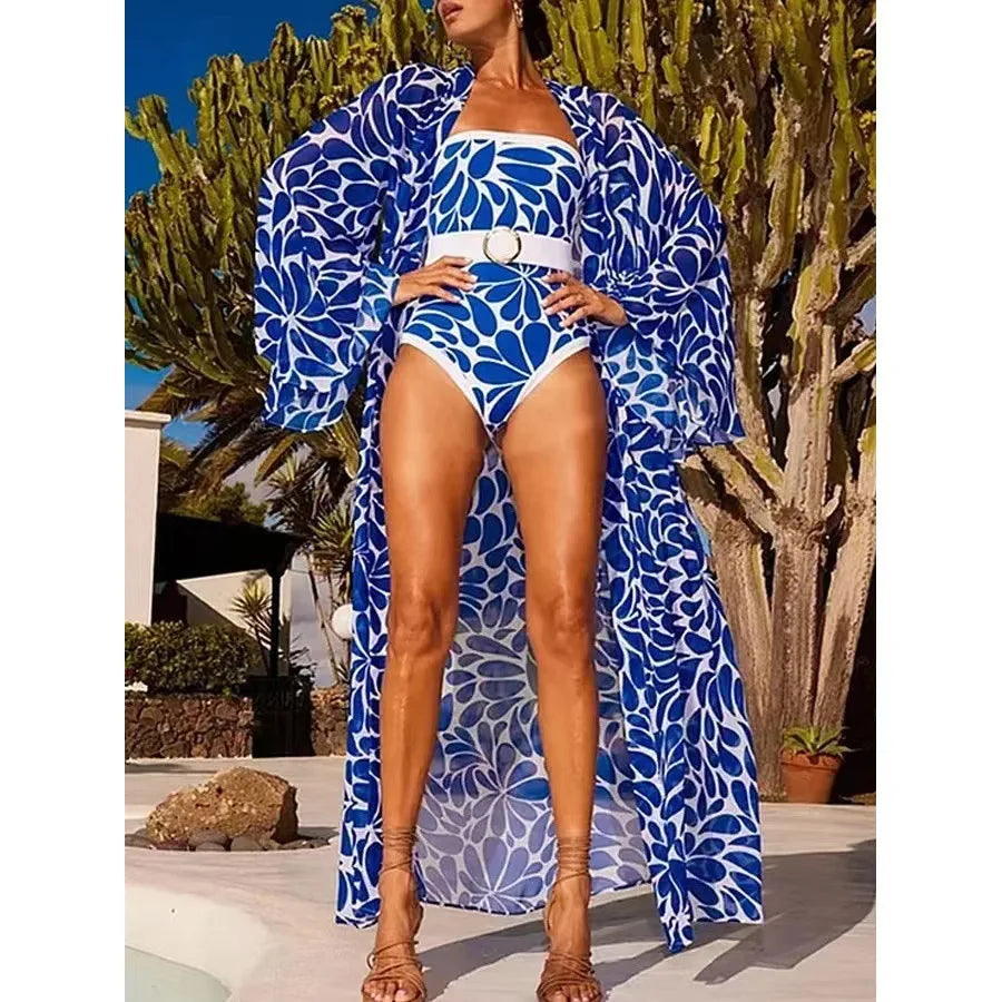 Bikini Bodysuit Swimwear Women With Kimono Bathing Suit Summer New Splice Print Beachwear Holiday Bikini Cover Ups Outfits