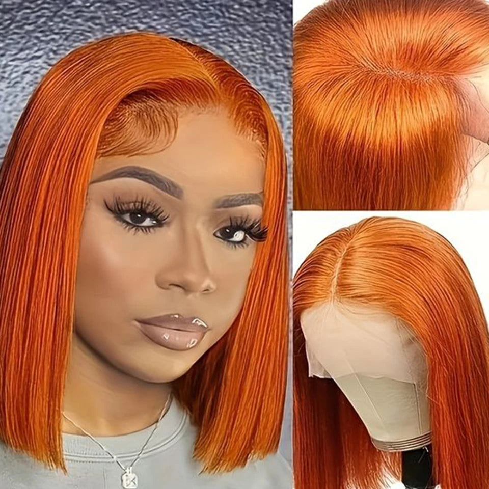 Ginger Orange HD Transparent Short Bob Human Hair Wigs Peruvian Highlight Straight 13x6x2 Lace Front Wig For Women Pre Plucked