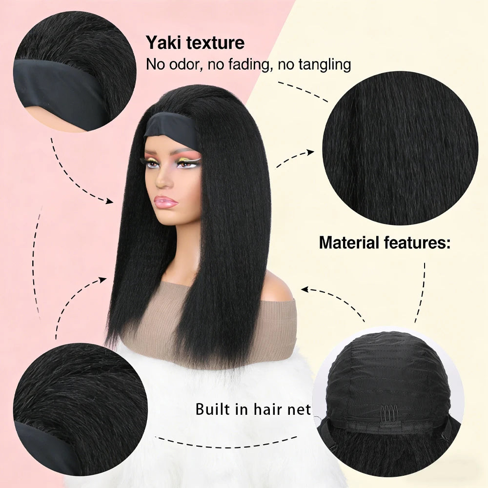 Long Kinky Straight Hair Wigs for Black Women, Synthetic Headband Wig, Hair Band Attached Half Wig, Full Machine Made, None Lace