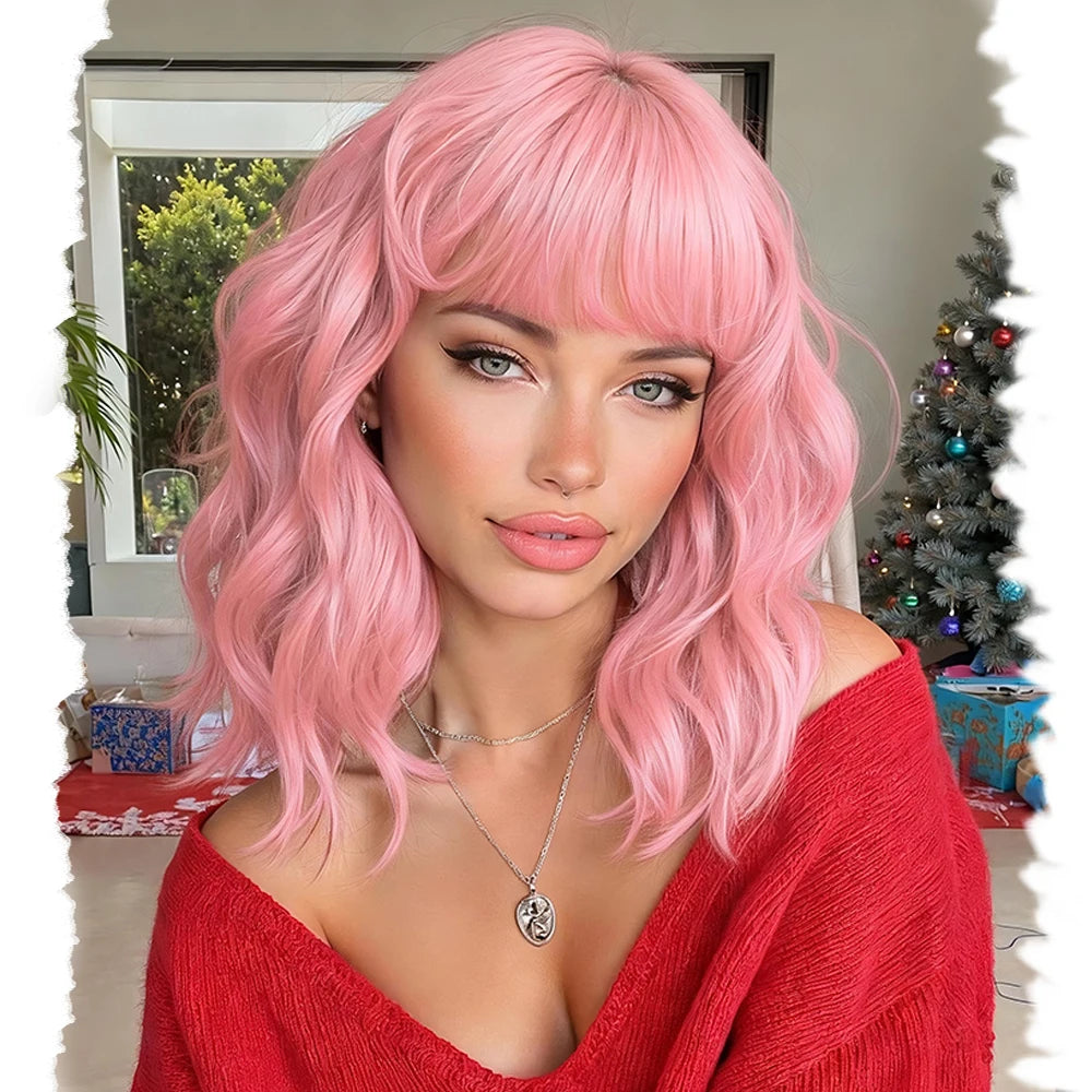Short Bob Wavy Wigs for Women 14' brownblack Brownis with Bangs Synthetic Natural Color Hair for Halloween& Cosplay and Daily