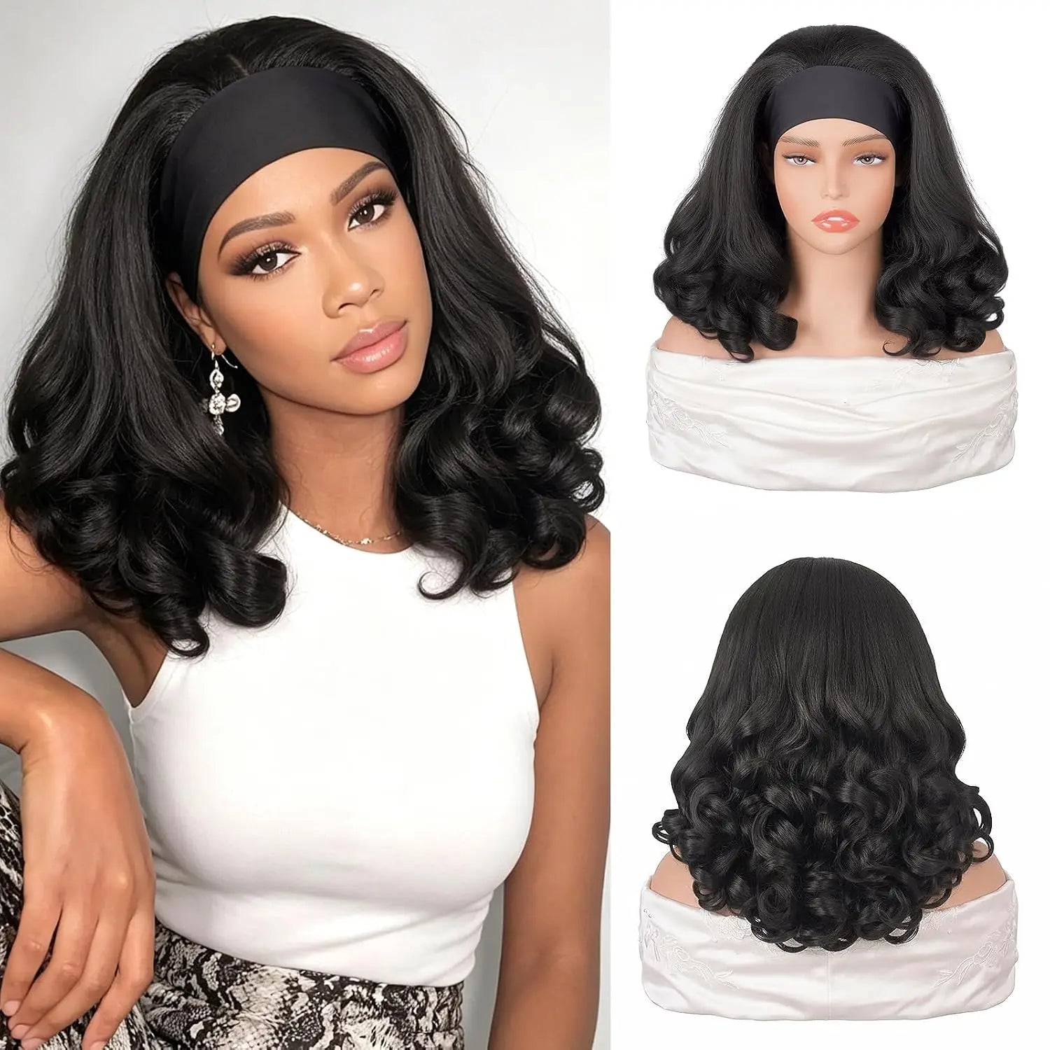 16 Inch Yaki Curly Headband Wig for Black Women Kinky Straight Synthetic Hair with Curly Ends Glueless Wear And Go Half Wig