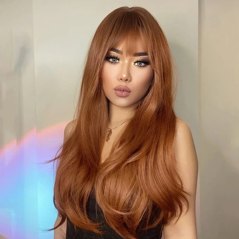 Copper Ginger Wigs With Bangs Auburn Long Natural Straight Layered Synthetic Hair For Women Dark Red Brown Realistic Wig 26 Inch