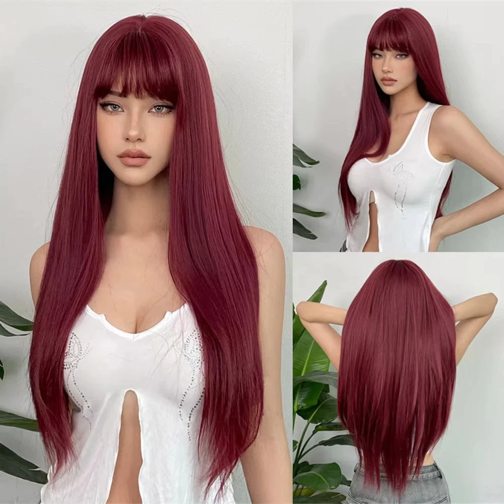 Short Bob Burgundy Straight Synthetic Wig with Bangs Wine Red Fake Hair for Cosplay Women Party Daily Use Heat Resistant Wigs