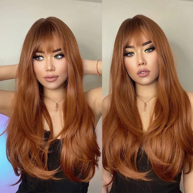 Copper Ginger Wigs With Bangs Auburn Long Natural Straight Layered Synthetic Hair For Women Dark Red Brown Realistic Wig 26 Inch