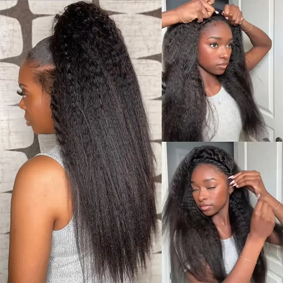 Half Wigs Yaki Straight 220% Density Human Hair Kinky Straight Wig Seamless Clip In Half Wig with Drawstring Beginner Friendly