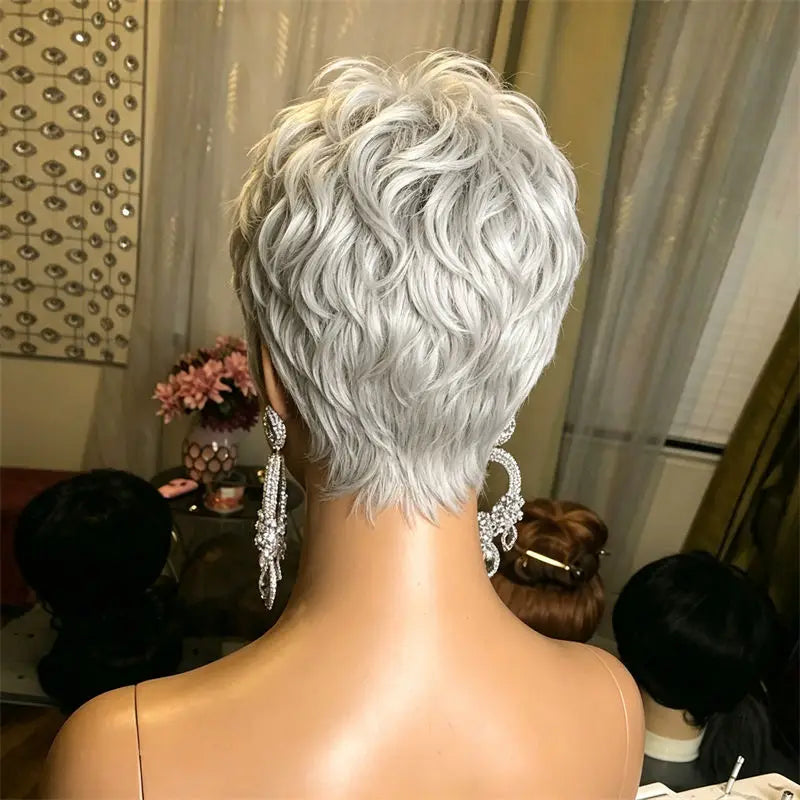 Short Wig for Women Pixie Cut Wig Full Machine Made With Bangs Gray Human Hair Wig Fashion Style for Black Women Daily Party Use