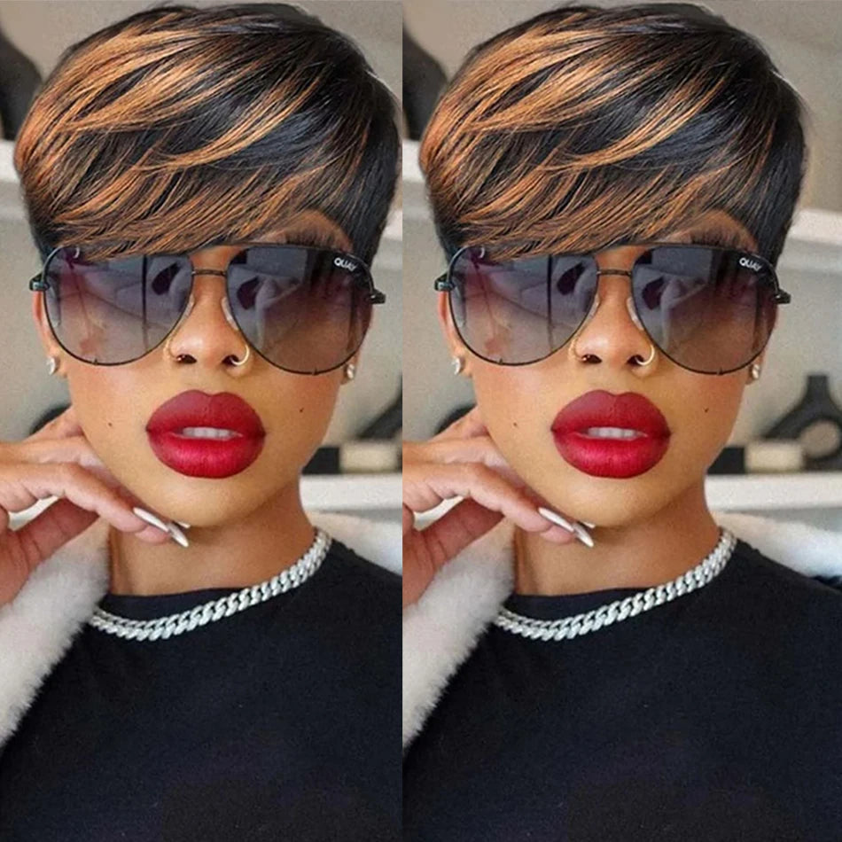 Ombre Color Highlight Short Pixie Cut 1B/33 Black Mix with Brown 150% Density Glueless Layered Brazilian Human Virgin Hair Wigs