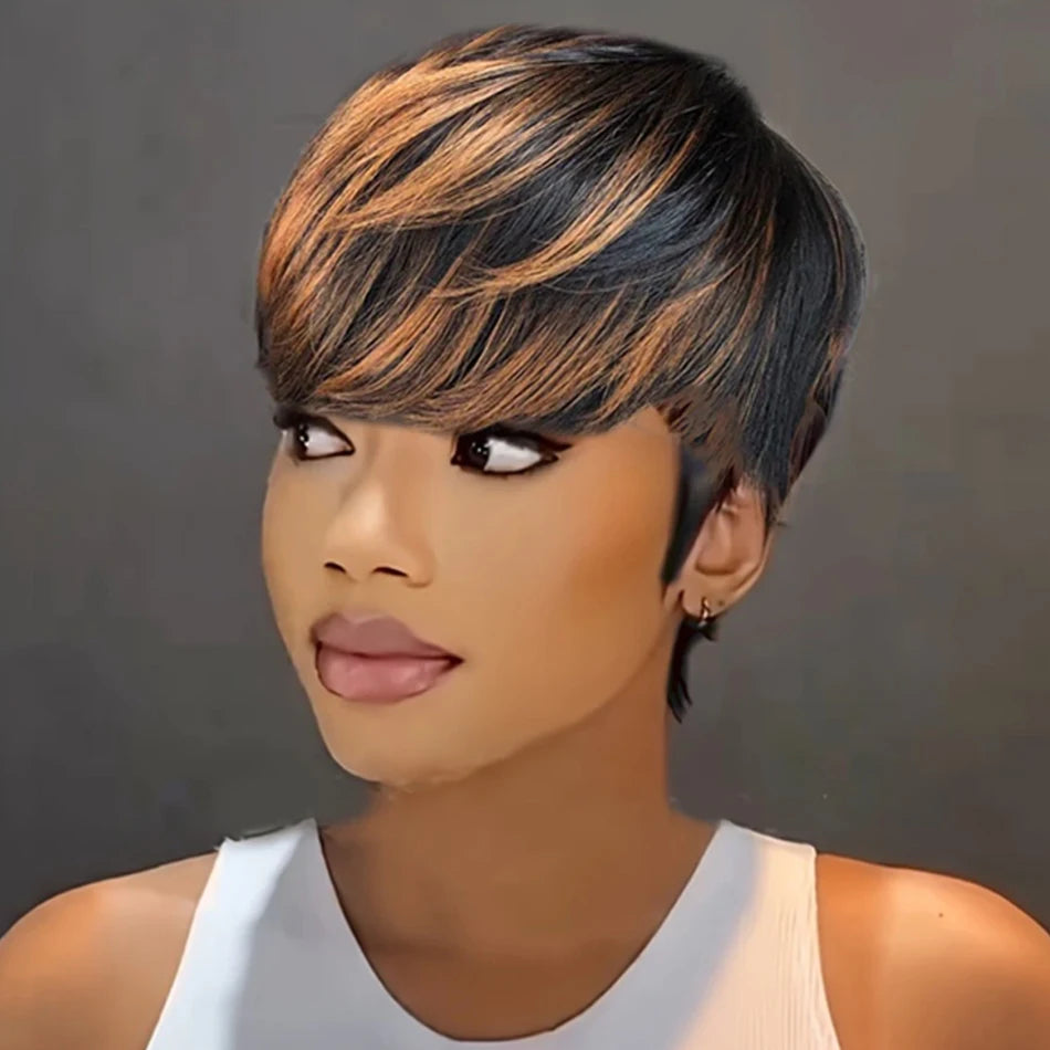 Ombre Color Highlight Short Pixie Cut 1B/33 Black Mix with Brown 150% Density Glueless Layered Brazilian Human Virgin Hair Wigs