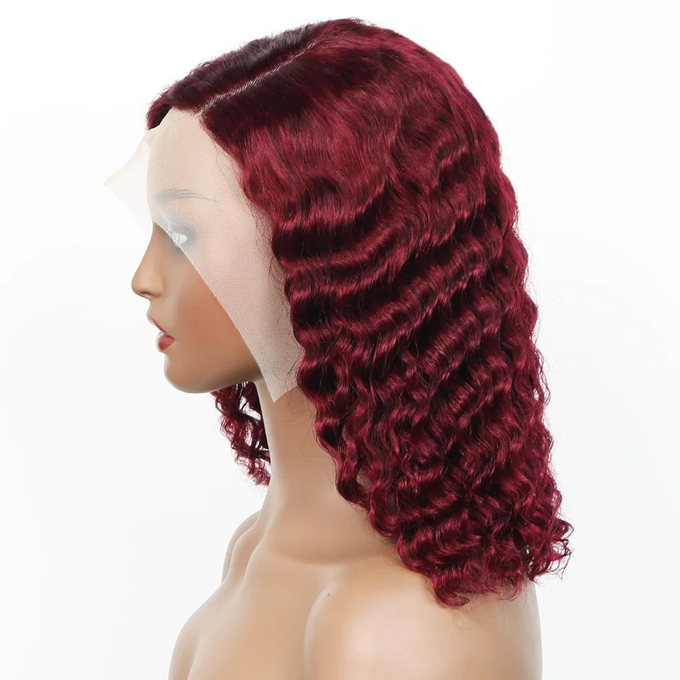 99j Burgundy Deep Bob Wig Human Hair Short Curly Wave 180% Density 13x4 Lace Front Wigs 4x4 T Part Lace Closure Wigs Brazilian