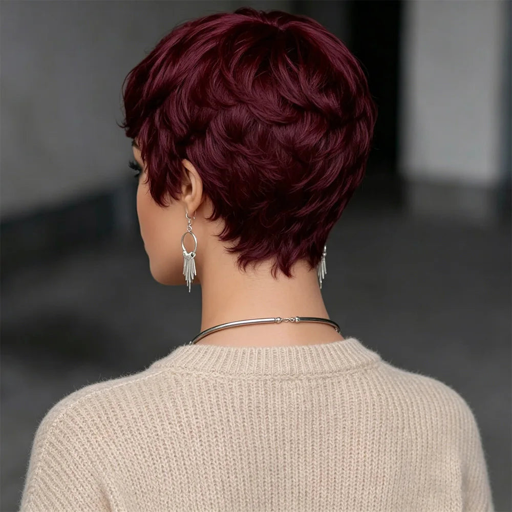 Women's Short Burgundy Red Layered Pixie Cut Human Hair Wig With Bangs Realistic Burgundy Pixie Cut Wig Full Machine Made