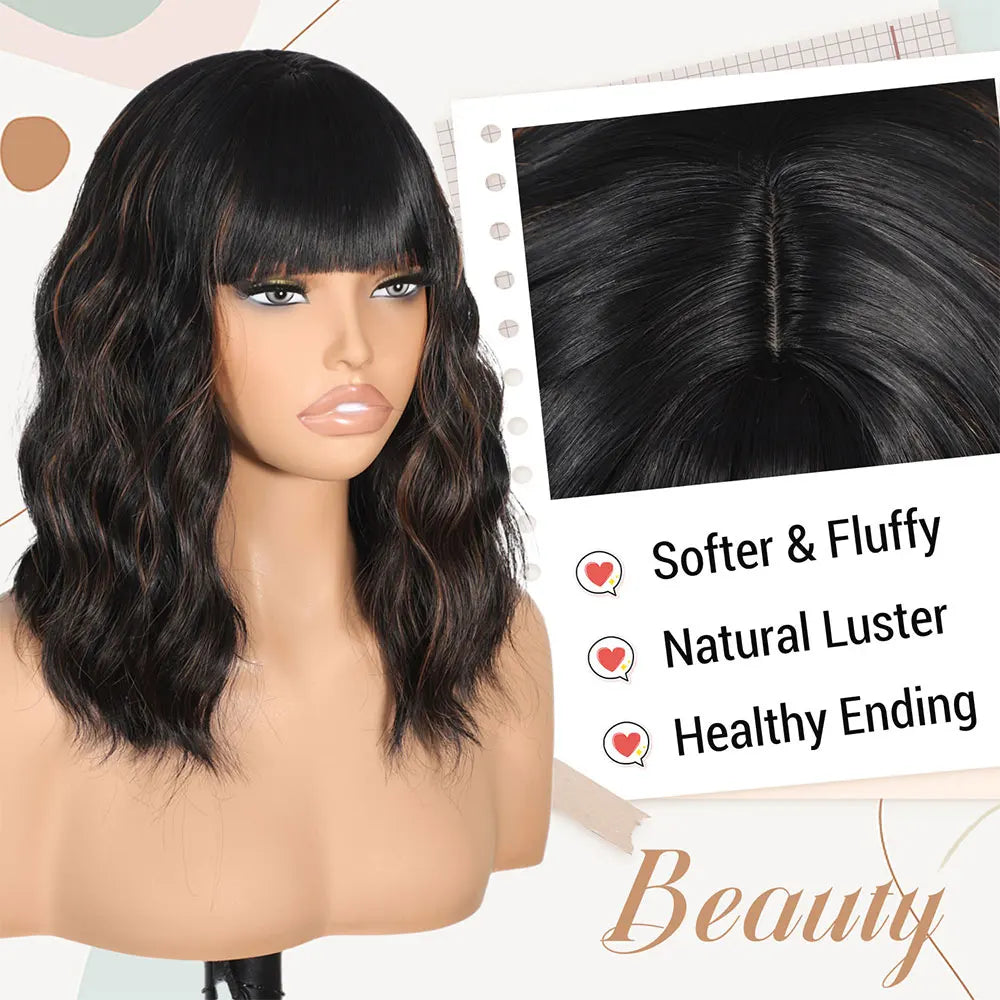 Short Bob Wavy Wigs for Women 14' brownblack Brownis with Bangs Synthetic Natural Color Hair for Halloween& Cosplay and Daily