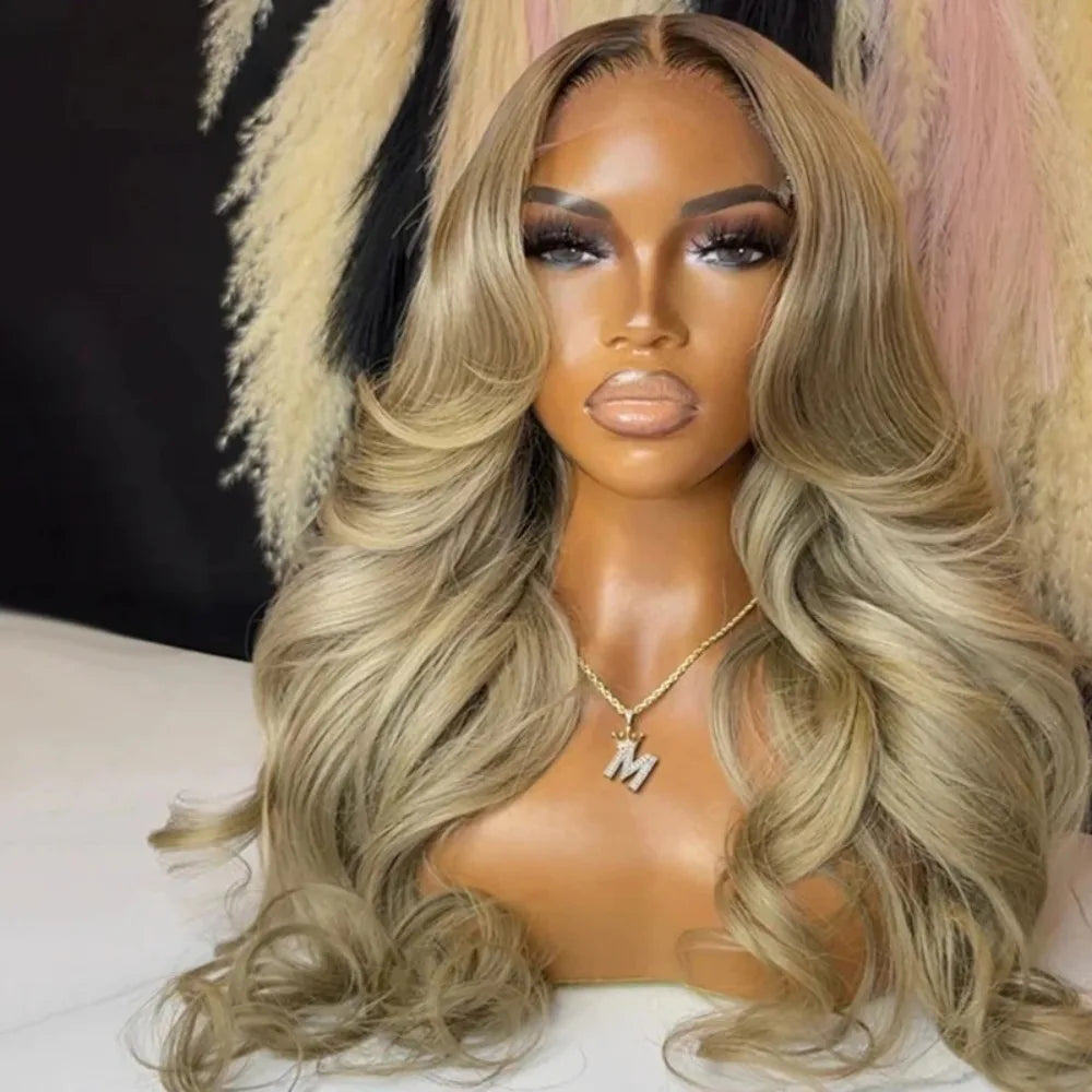 Ombre Ash Blonde With Dark Roots Natural Wave Hair Synthetic Lace Front Wig 13x4 HD for Women Easy to Wear Daily Cosplay Wig