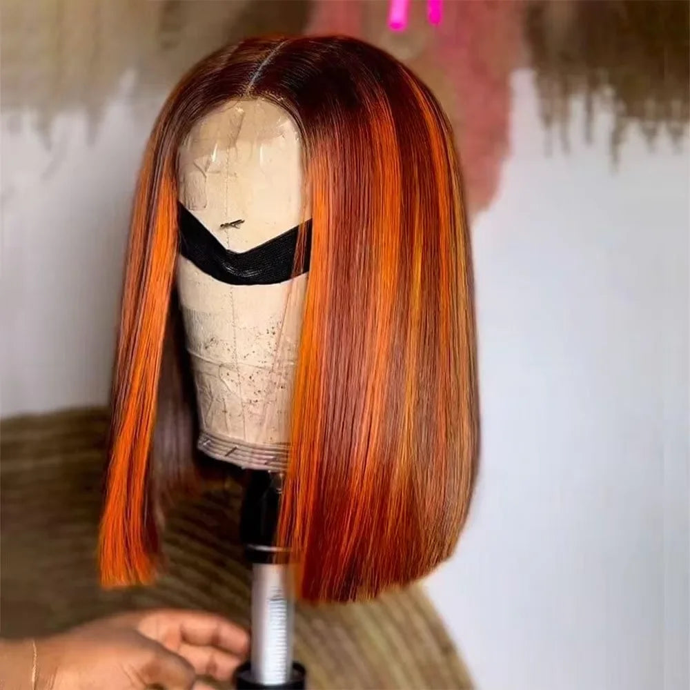Highlight Ombre Orange Ginger Bob Wig Human Hair 16 Inch 13x4 Transparent Lace Front Wigs Short Straight Brazilian Hair Wig