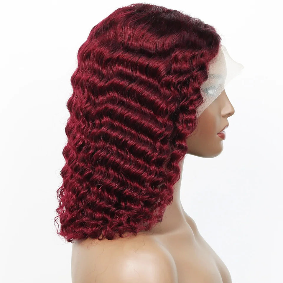 99j Burgundy Deep Bob Wig Human Hair Short Curly Wave 180% Density 13x4 Lace Front Wigs 4x4 T Part Lace Closure Wigs Brazilian