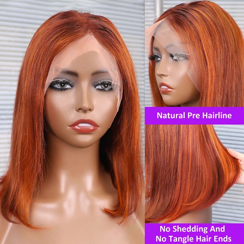 200% Density Ginger Orange Straight Short Bob Wig Silky Highlight Ginger Orange Color 13x4 Lace Frontal Wig 100% Human Hair Wigs