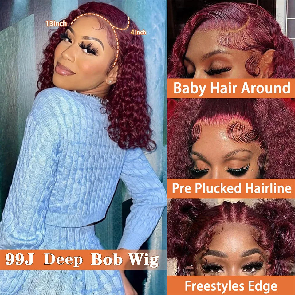 99j Burgundy Deep Bob Wig Human Hair Short Curly Wave 180% Density 13x4 Lace Front Wigs 4x4 T Part Lace Closure Wigs Brazilian