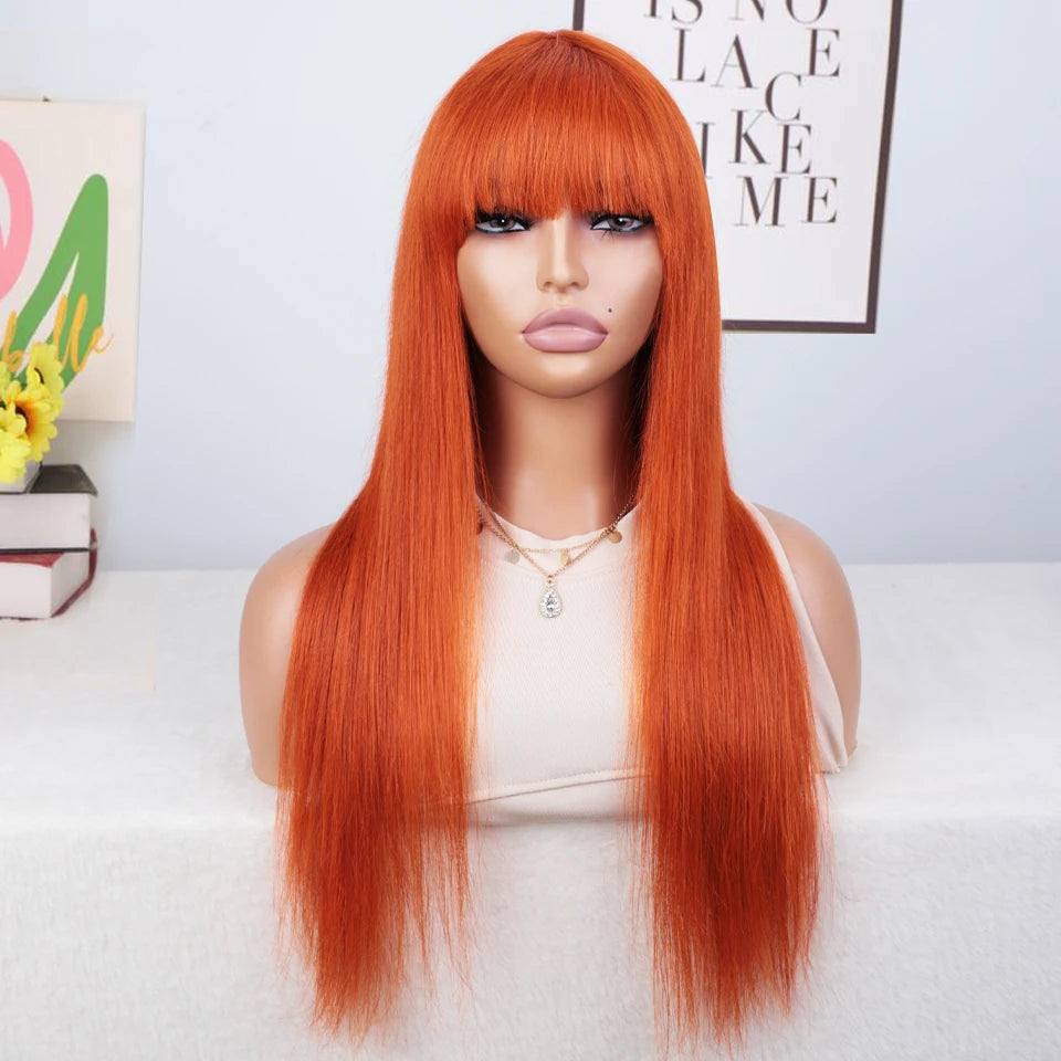 Lekker Ginger Orange 100% Human Hair Wigs Long Straight With Bangs For Women Brazilian Remy Hair Colored Cosplay Summer Wigs