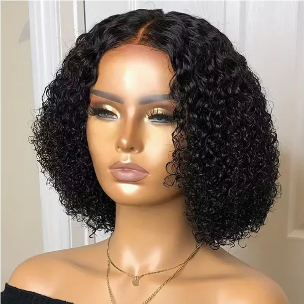 Black Synthetic Short Kinky Curly Bob Wig for Women HD Transparent Lace Front Pre-Plucked Baby Hair Jerry Curly Short Wigs