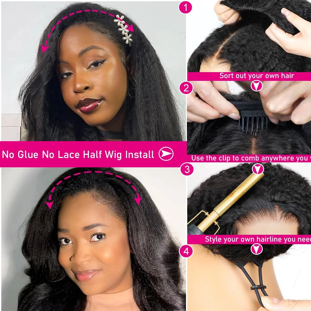 Kinky Straight 3 IN 1 Half Wigs Human Hair 250 Density Wig Vietnamese Human Hair Glueless Wig Drawstring Yaki Hair Half Wigs