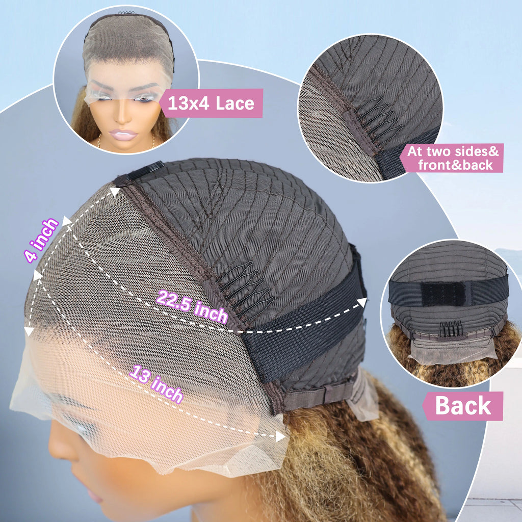4/27 Highlight Kinky Straight Bob Wigs 13x4 Lace Front Human Hair Wig Brown Honey Blonde Piano Color Lace Frontal Yaki Wigs 200%