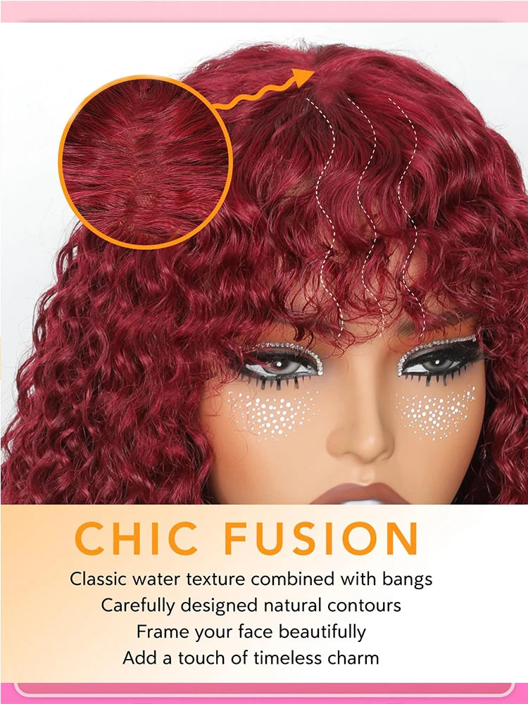 99J Burgundy Curly Wig with Bangs Human Hair Brazilian 200 Density Water Wave Wear and Go Glueless Red Colored Wigs For Women
