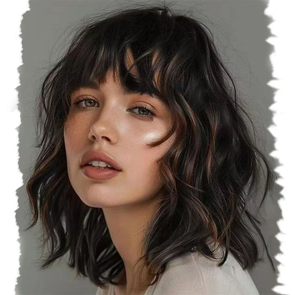 Short Bob Wavy Wigs for Women 14' brownblack Brownis with Bangs Synthetic Natural Color Hair for Halloween& Cosplay and Daily