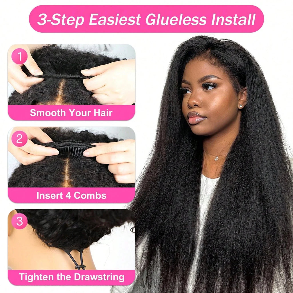 Half Wigs Yaki Straight 220% Density Human Hair Kinky Straight Wig Seamless Clip In Half Wig with Drawstring Beginner Friendly