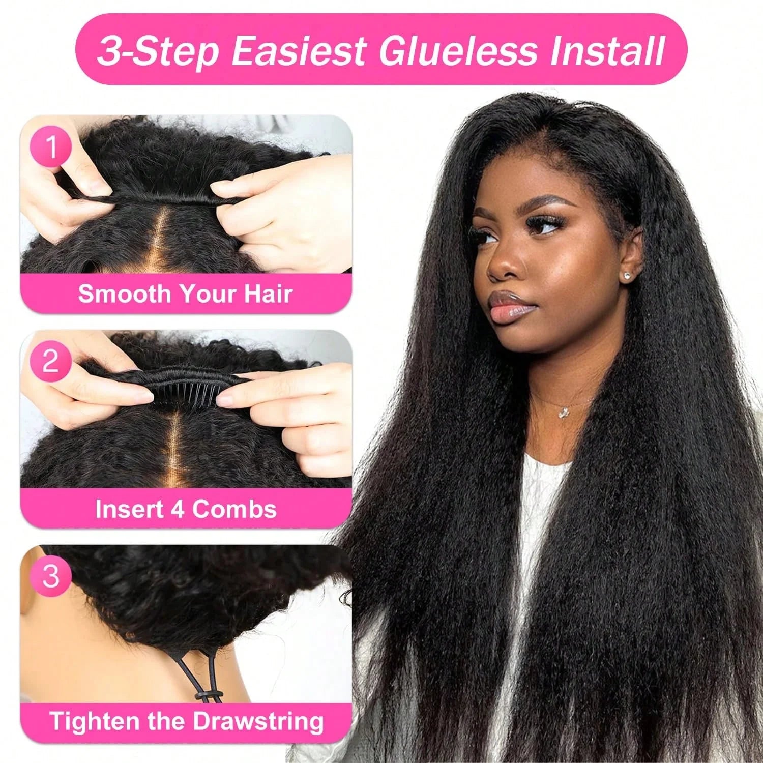 Half Wigs Yaki Straight 220% Density Human Hair Kinky Straight Wig Seamless Clip In Half Wig with Drawstring Beginner Friendly