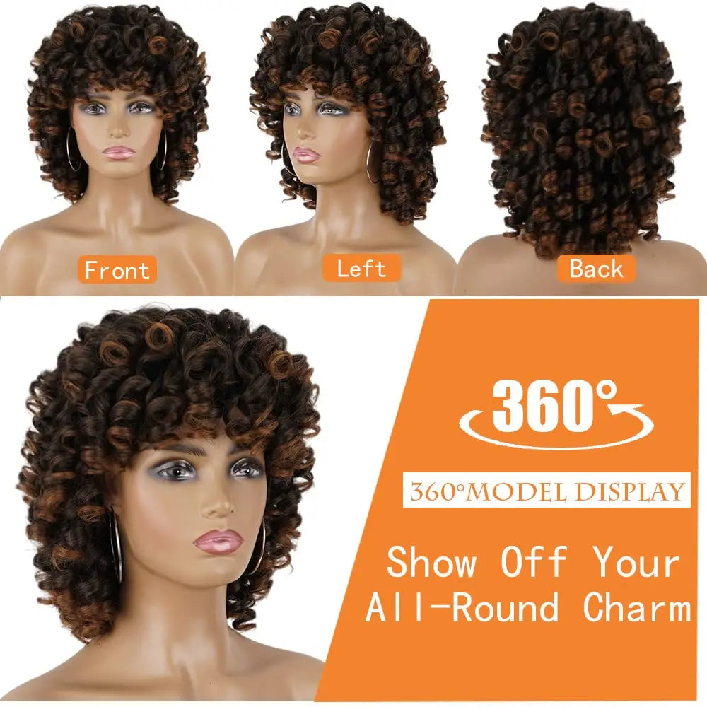 Ombre Brown Curly Wigs for Black Women Short Curly Wig with Bangs Soft Loose Curly Wigs for Women Synthetic Fiber Glueless Hair