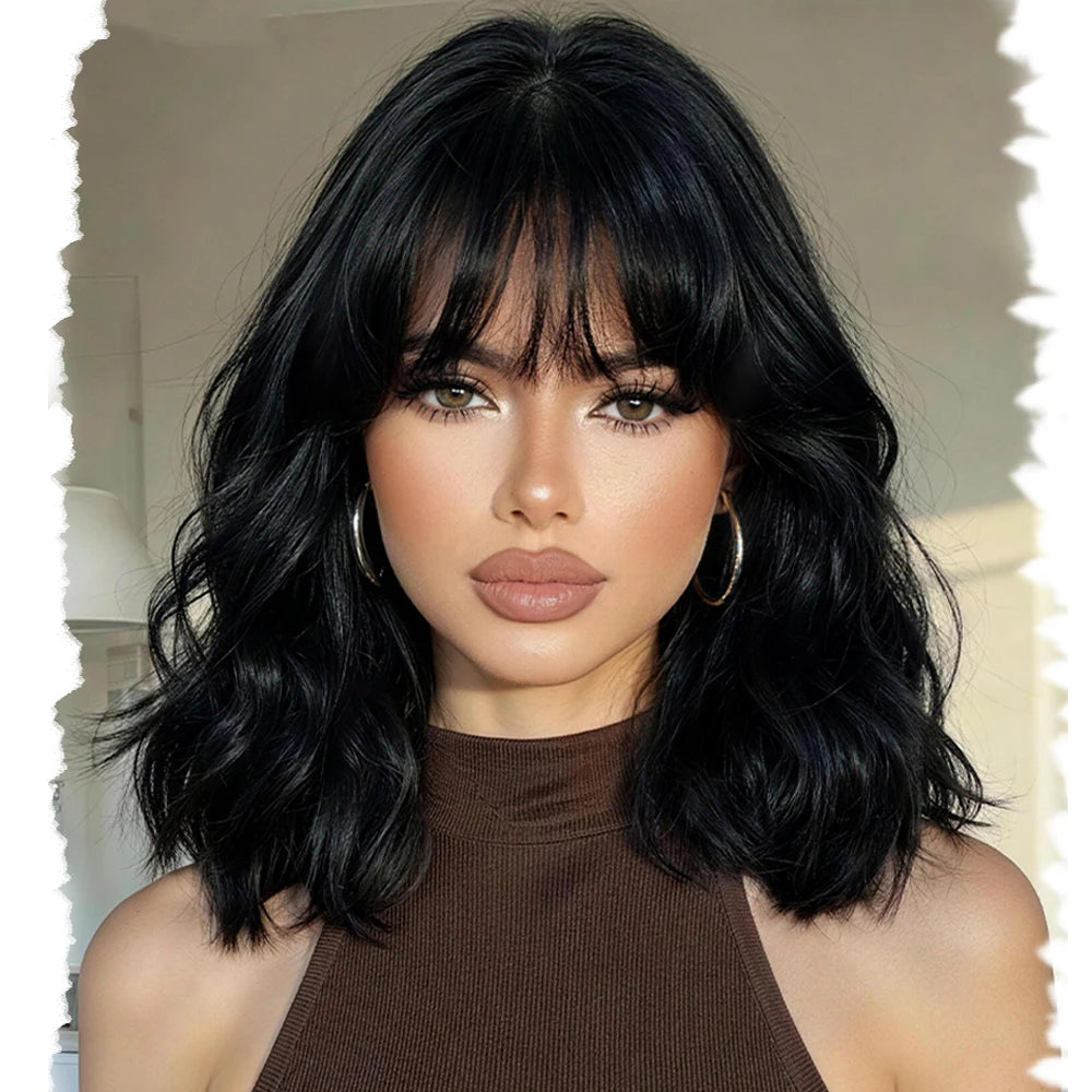 Short Bob Wavy Wigs for Women 14' brownblack Brownis with Bangs Synthetic Natural Color Hair for Halloween& Cosplay and Daily