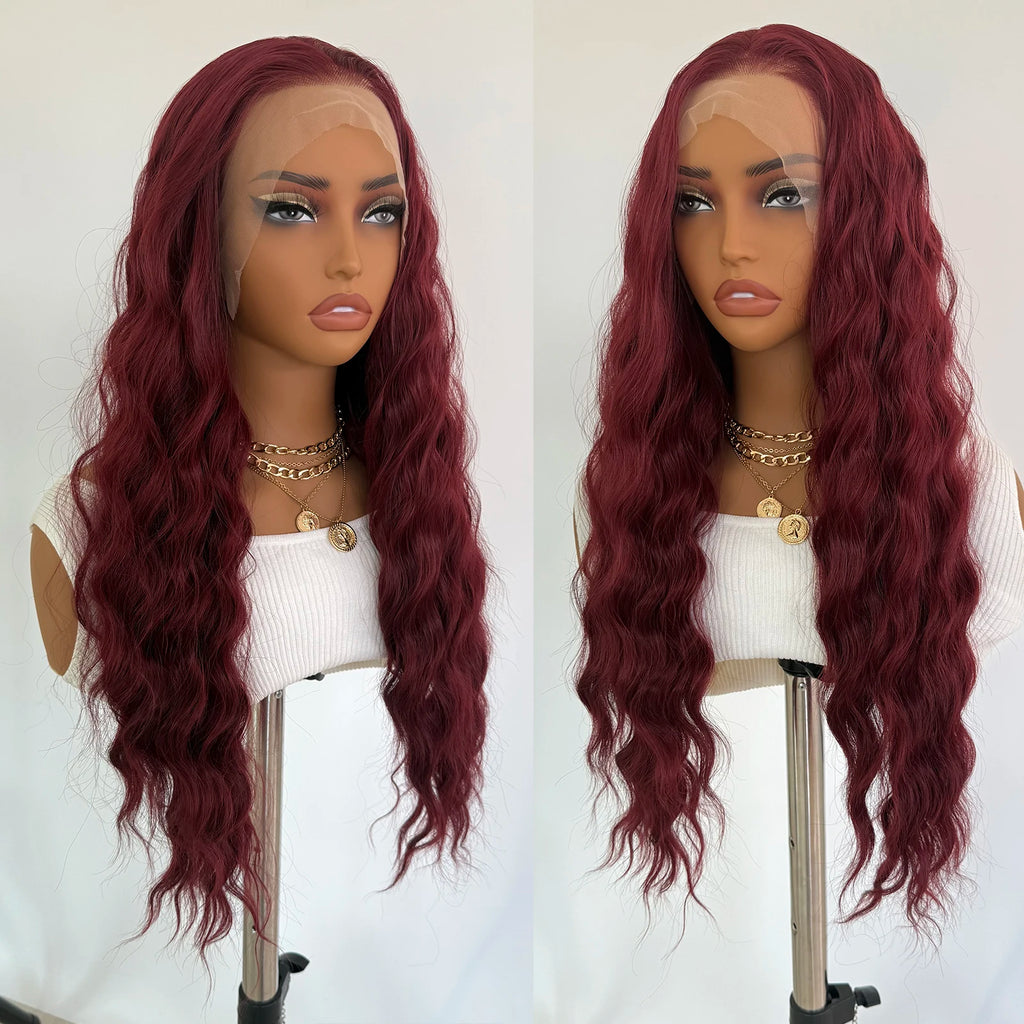 Burgundy Lace Front Wig 13x4 Natural Hairline Glueless Long Body Deep Wave Synthetic Wig for Women Daily Use Cosplay Wig