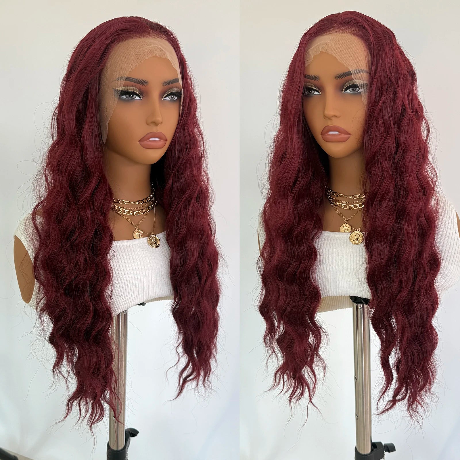 Burgundy Lace Front Wig 13x4 Natural Hairline Glueless Long Body Deep Wave Synthetic Wig for Women Daily Use Cosplay Wig