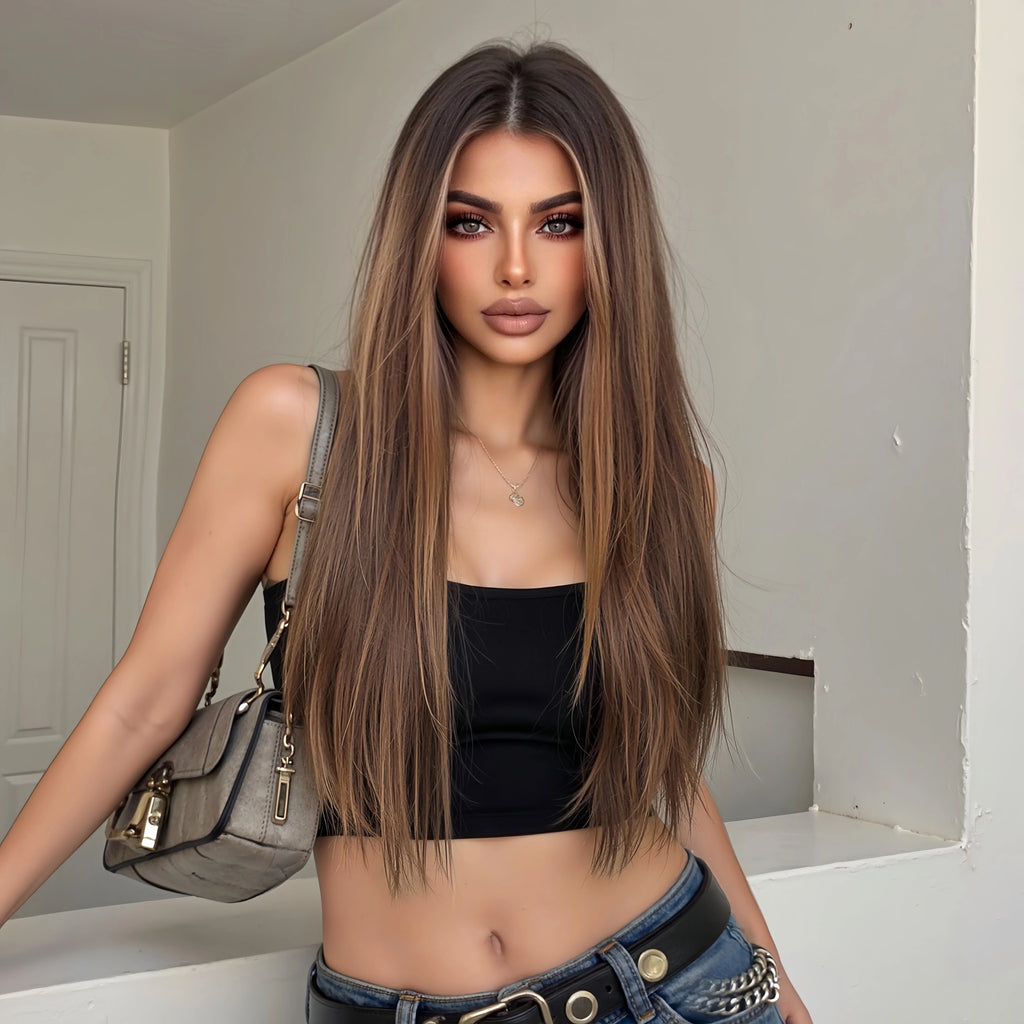 Topshe 30 Inch 13x6 HD Lace Front Wig Realistic Hand-Tied Pre-Plucked Hairline Long Straight Highlight Hair Wigs for Women