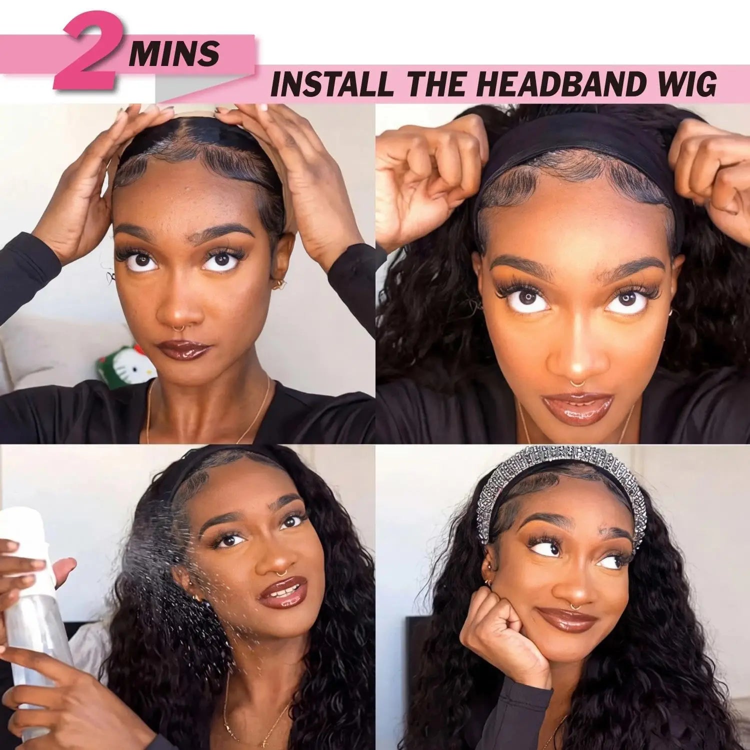Synthetic Yaki Curly Headband Wigs for Black Women Kinky Straight Black Headband Curly Ends Wear and Go Glueless Half Wig