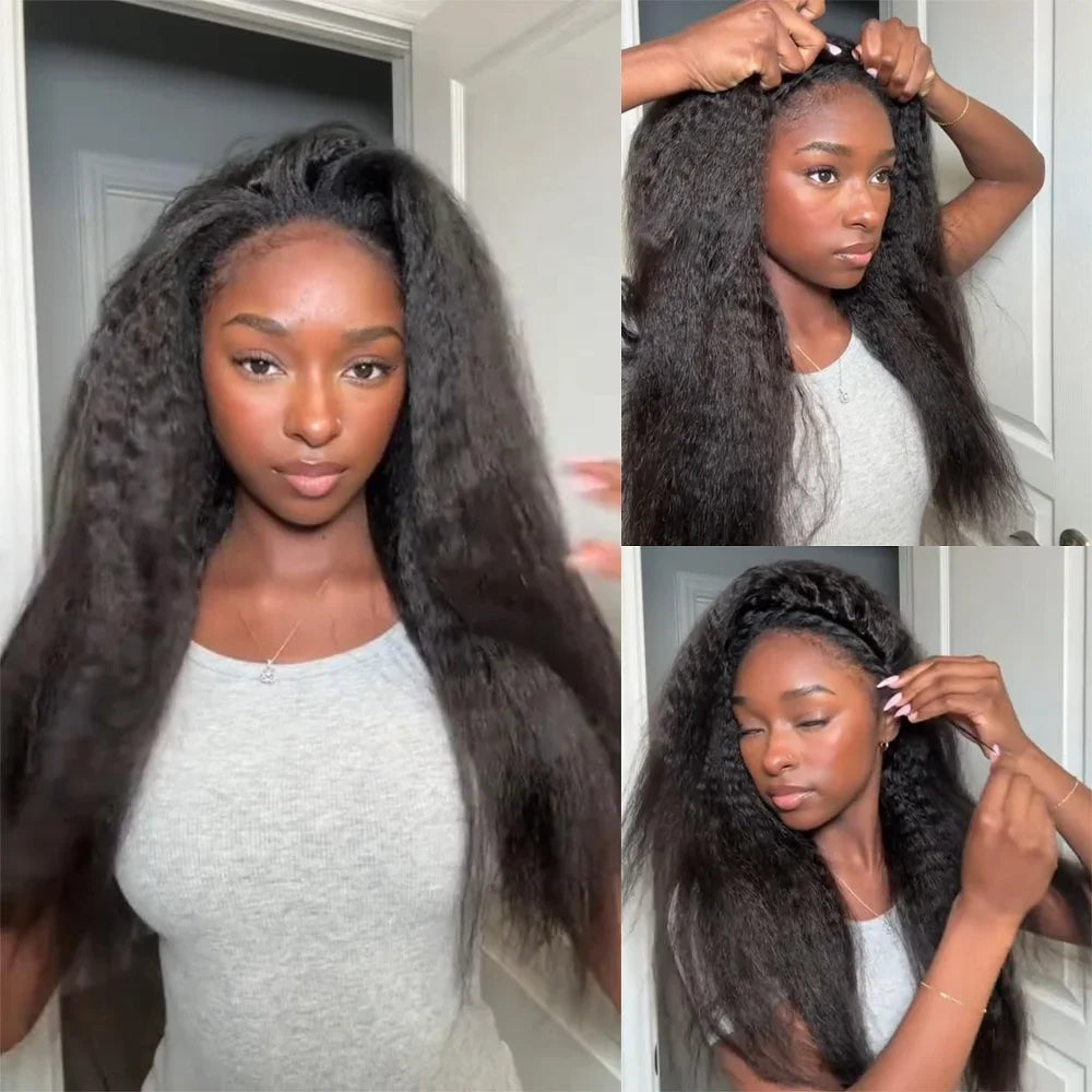 Kinky Straight Half Wig 3 In 1 Half Wig With Drawstring Flip Over Half Wig Yaki Straight Glueless Wigs Ready to Wear Half Wigs