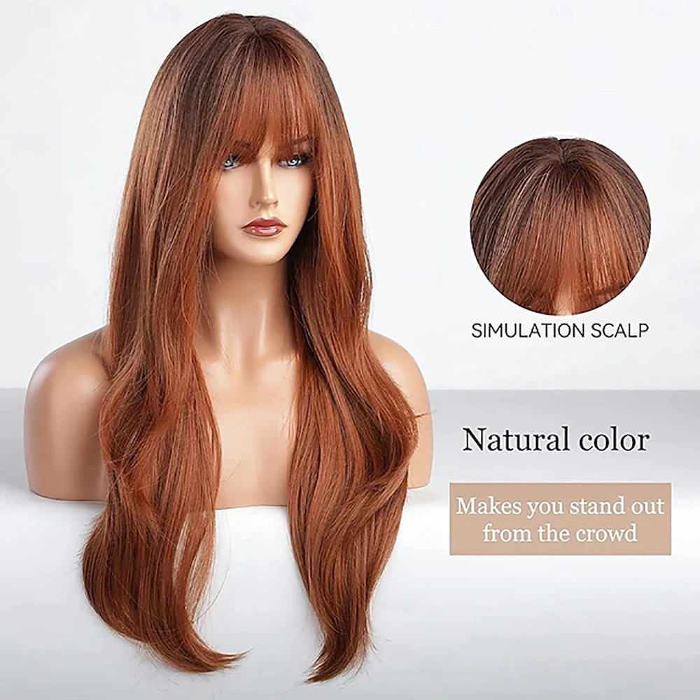 HAIRJOY  Synthetic Hair  Long Wavy Ginger Wig with Bangs  Wigs for Women Heat Resistant Synthetic Fiber for Daily Party Use