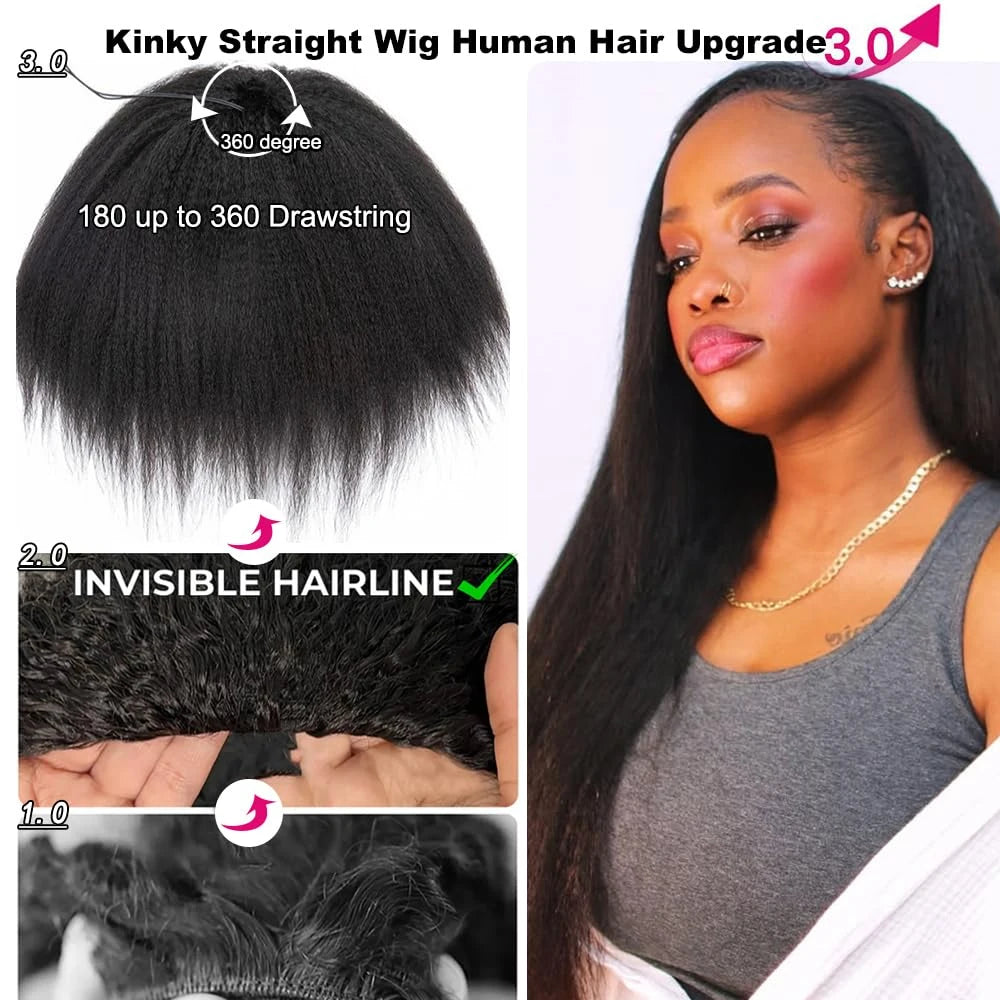 Kinky Straight 3 IN 1 Half Wigs Human Hair 250 Density Wig Vietnamese Human Hair Glueless Wig Drawstring Yaki Hair Half Wigs