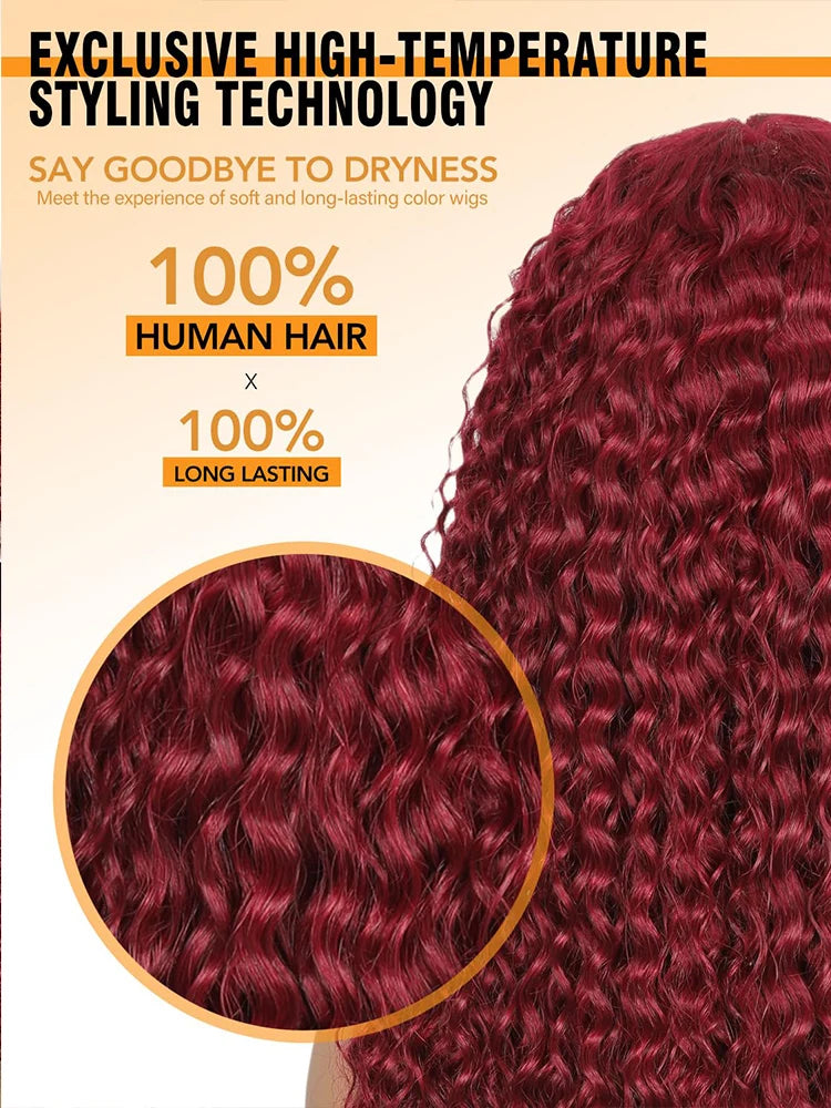 99J Burgundy Curly Wig with Bangs Human Hair  Water Wave Mechanism Color Wigs Red wig with Bangs Colored Brazilian Human Hair