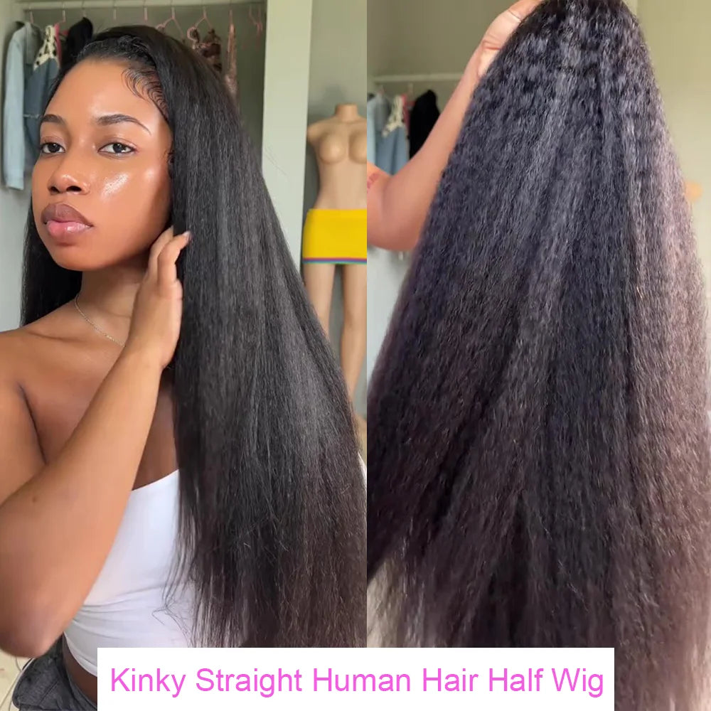 Half Wigs Yaki Straight 220% Density Human Hair Kinky Straight Wig Seamless Clip In Half Wig with Drawstring Beginner Friendly