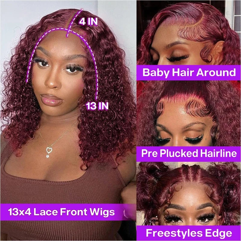 Burgundy Deep Wave 13x4 Lace Frontal Bob Wig 200% Density 99J Colored Remy Water Wave Frontal Human Hair Wigs Pre Plucked Wigs