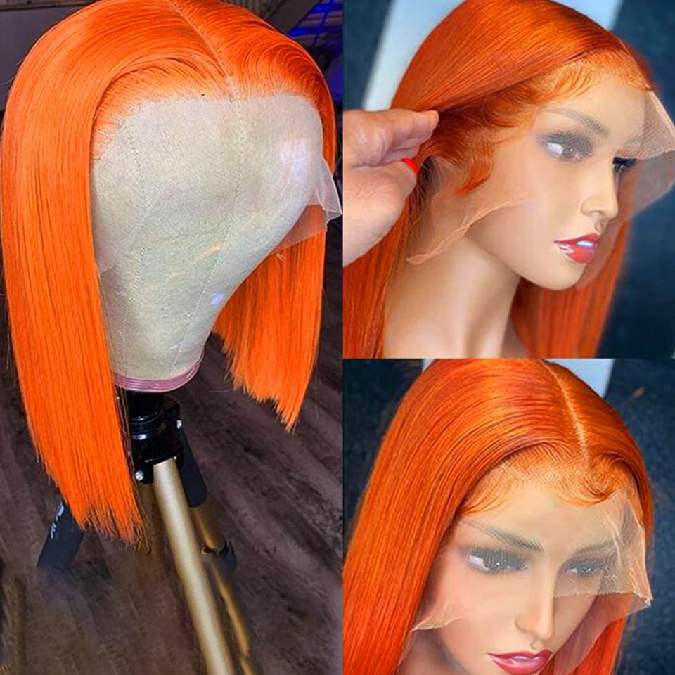 Ginger Orange HD Transparent Short Bob Human Hair Wigs Peruvian Highlight Straight 13x6x2 Lace Front Wig For Women Pre Plucked
