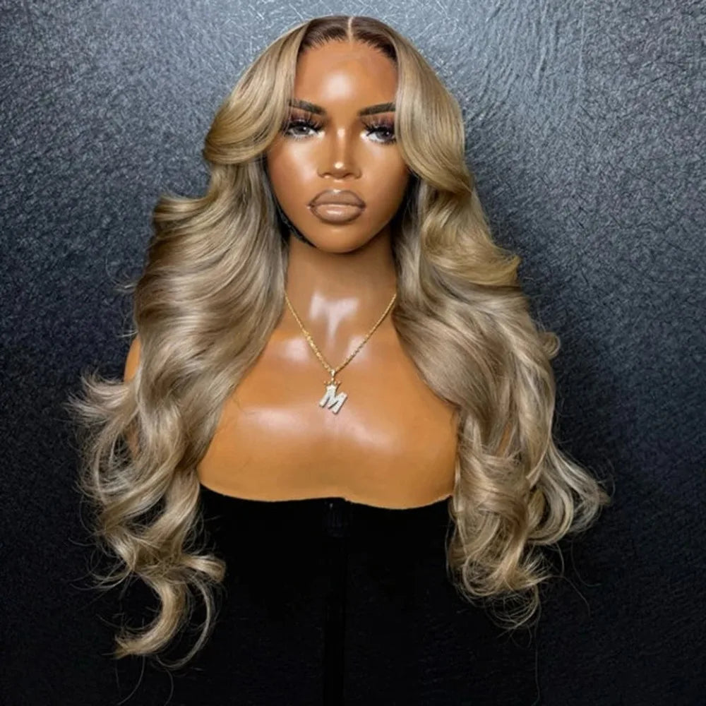 Ombre Ash Blonde With Dark Roots Natural Wave Hair Synthetic Lace Front Wig 13x4 HD for Women Easy to Wear Daily Cosplay Wig