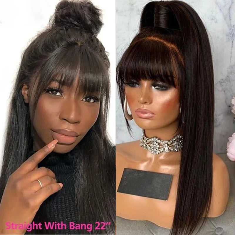 Cheap 38inch 13x6 HD Lace Front Human Hair Wigs With Bangs Raw Indian Straight 360 Full Lace Frontal Wig With Fringe For Women