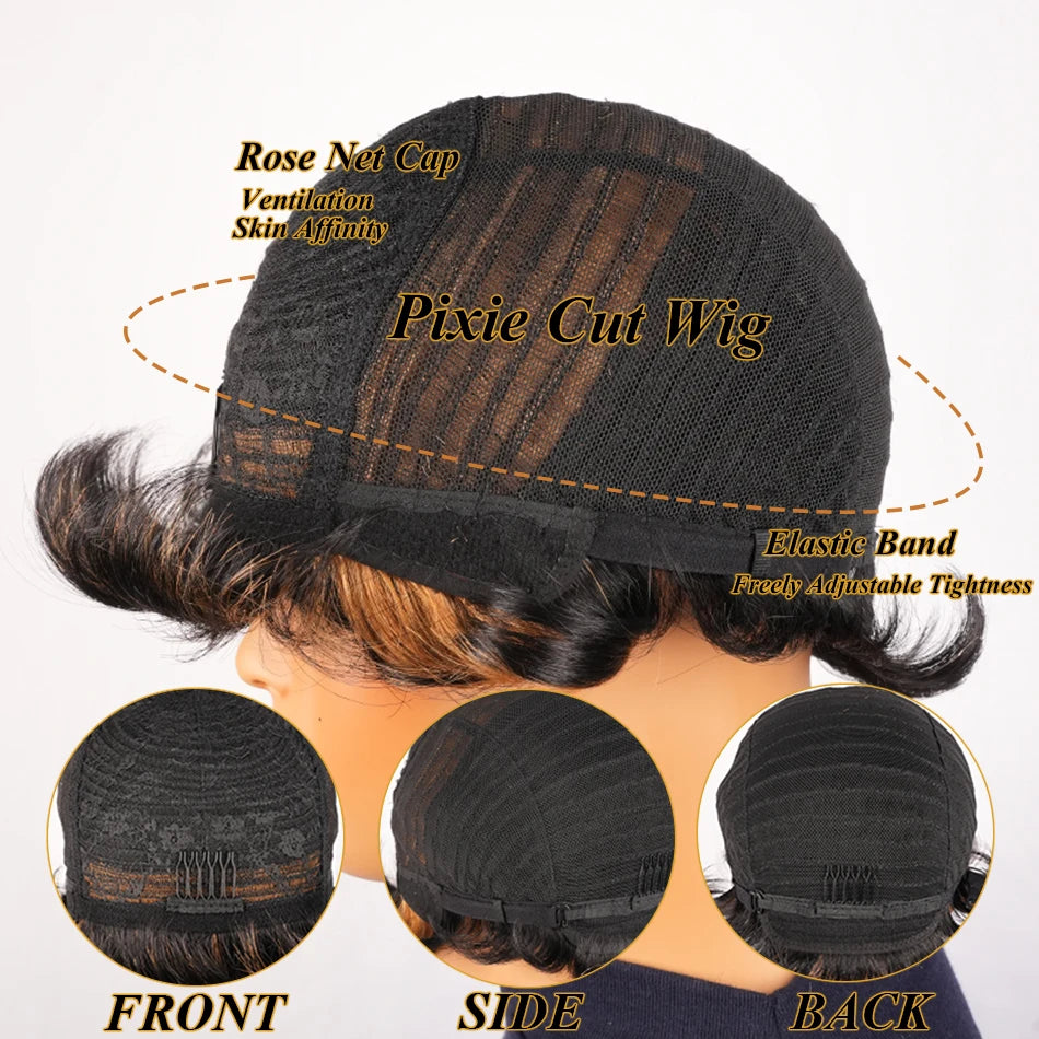 Ombre Color Highlight Short Pixie Cut 1B/33 Black Mix with Brown 150% Density Glueless Layered Brazilian Human Virgin Hair Wigs