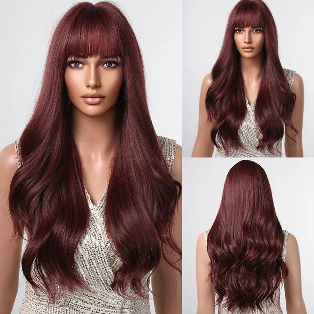 Ombre Honey Brown Synthetic Hair Wigs Long Natural Body Wavy Wig with Bangs Realistic Daily Party Soft Wig Heat Resistant Fiber